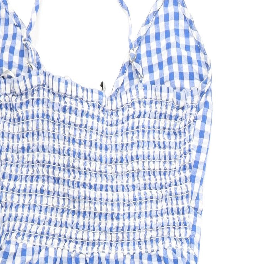 Stradivarius Womens Blue Check 100% Cotton Mini Size S V-Neck Tie