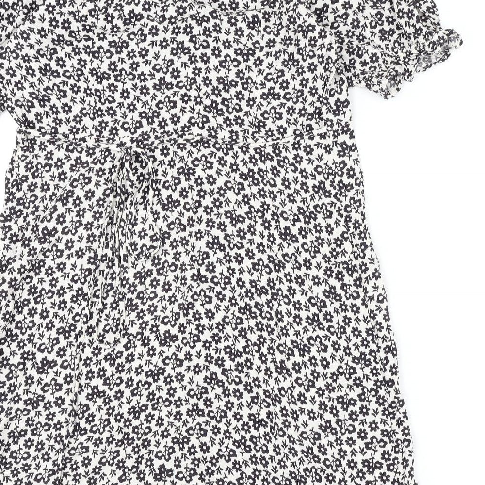 Marks & Spencer Womens White Geometric Viscose A-Line Size 12 V-Neck Button - Flowers