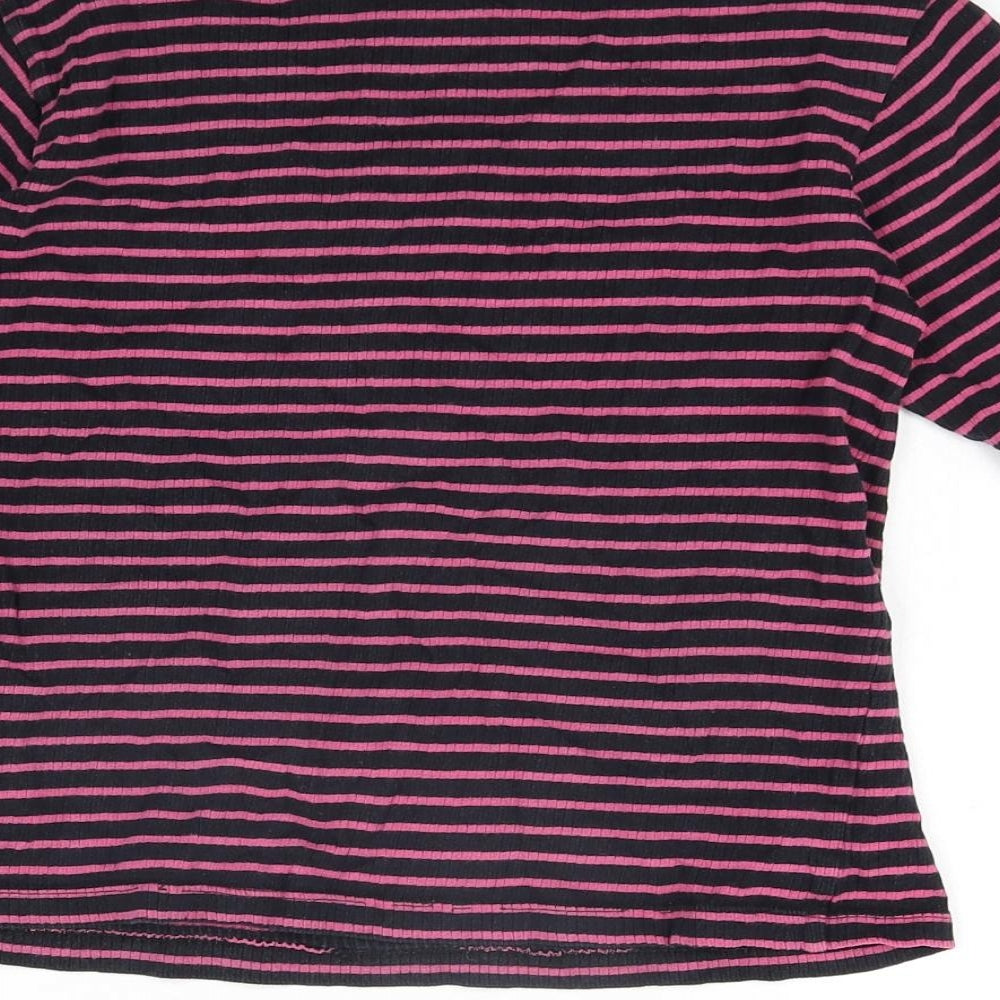 Bossini Womens Blue Striped Cotton Basic T-Shirt Size M Round Neck