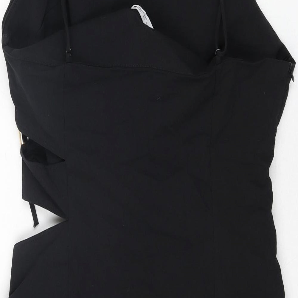 Zara Womens Black Polyester Mini Size L Square Neck Zip - Cut Out Detail