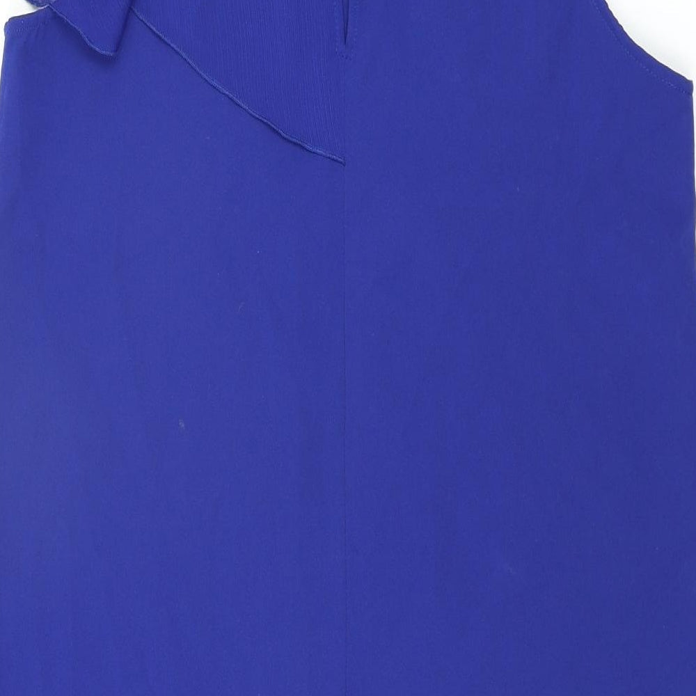 Zara Womens Blue Polyester Shift Size L Round Neck Button - Frill Detail