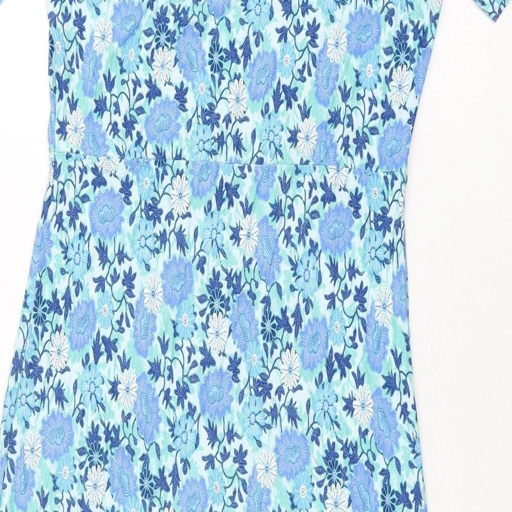 Mona Womens Blue Floral Viscose Shift Size 12 V-Neck Pullover