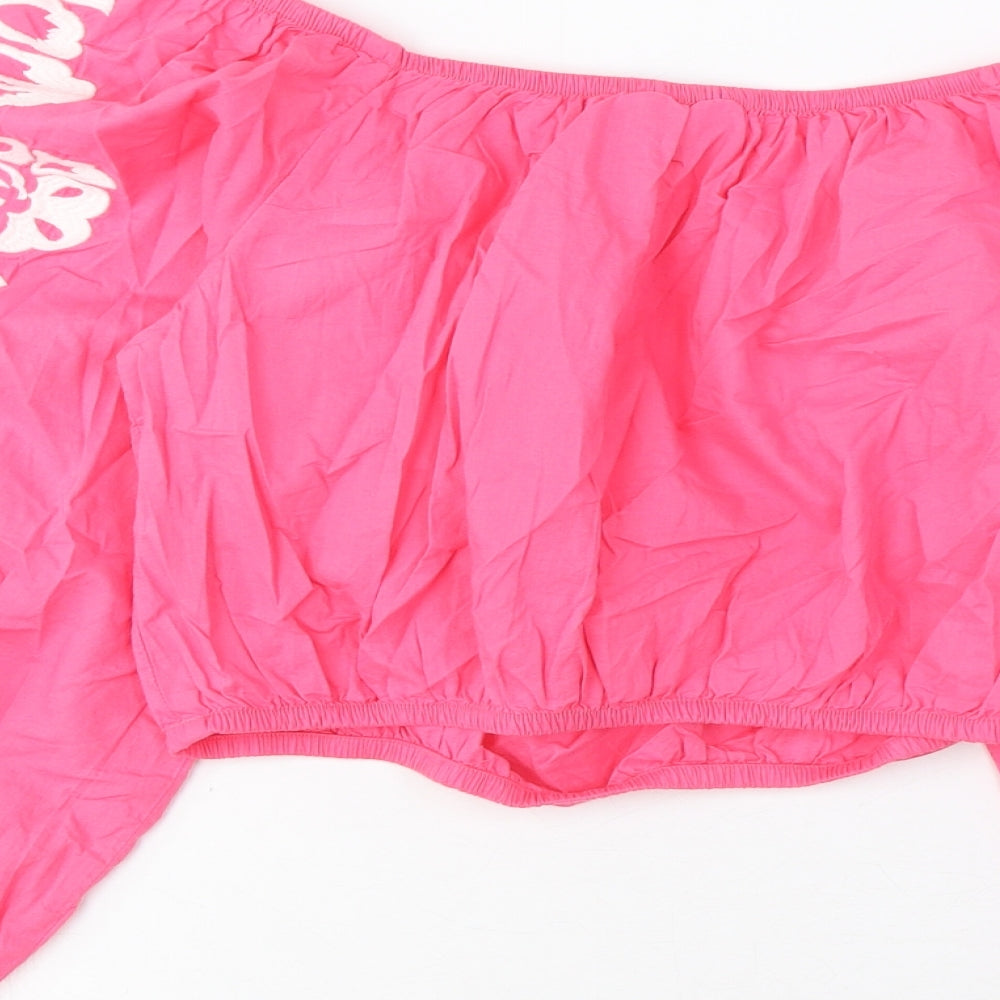 Marks & Spencer Womens Pink Cotton Cropped Blouse Size 12 Off the Shoulder - Embroidered