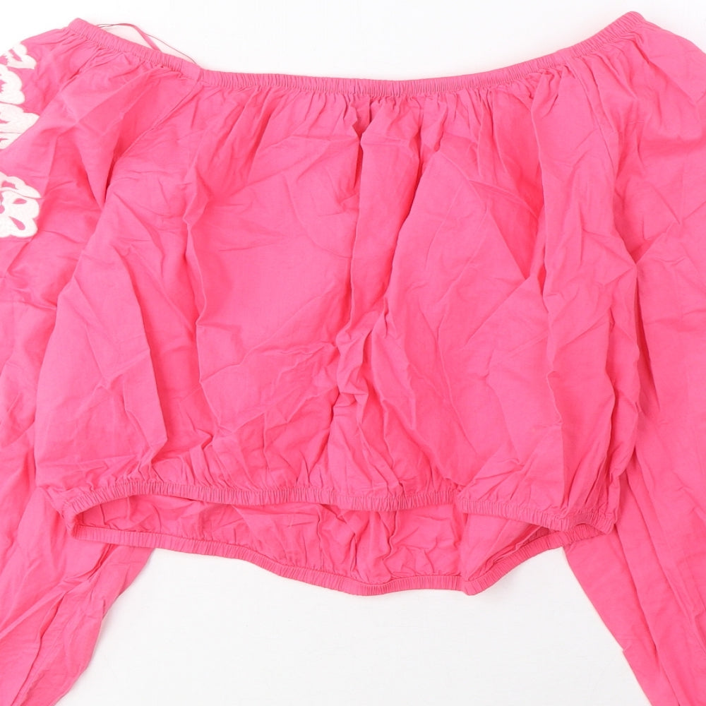 Marks & Spencer Womens Pink Cotton Cropped Blouse Size 18 Scoop Neck - Embroidered