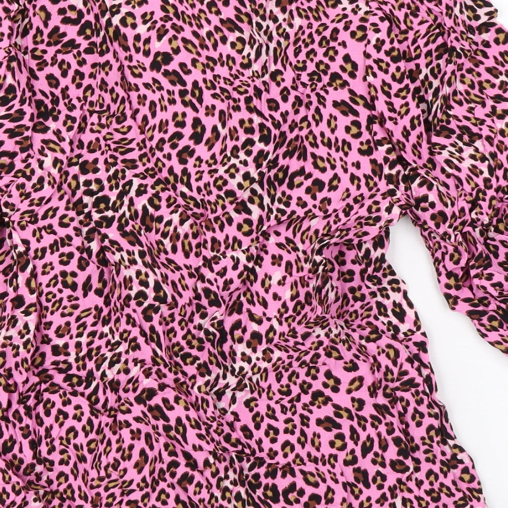 Marks & Spencer Womens Pink Animal Print Viscose Basic Button-Up Size 10 V-Neck