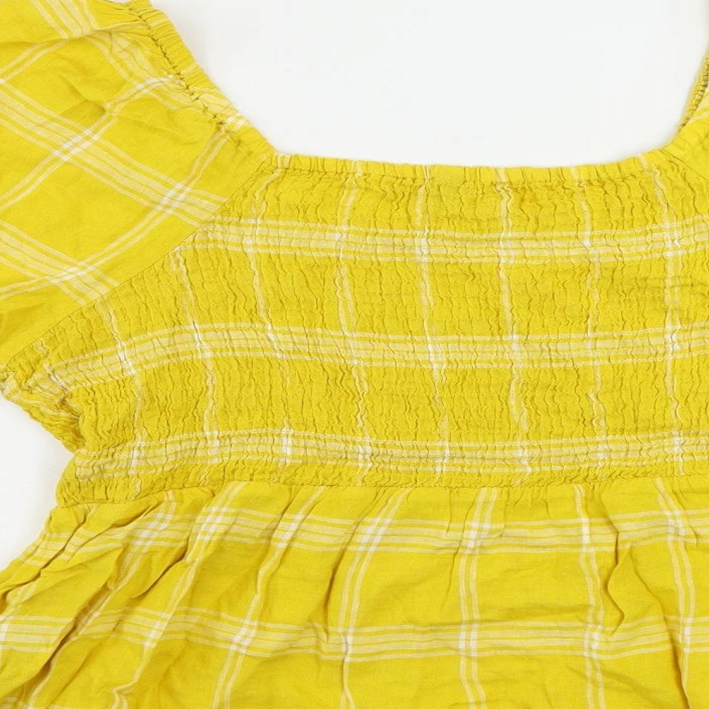 Marks & Spencer Womens Yellow Plaid Linen Basic Blouse Size 18 Square Neck - Shirred