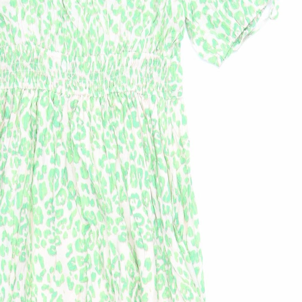 Marks & Spencer Womens Green Animal Print Viscose Trapeze & Swing Size 10 V-Neck Pullover - Leopard Pattern