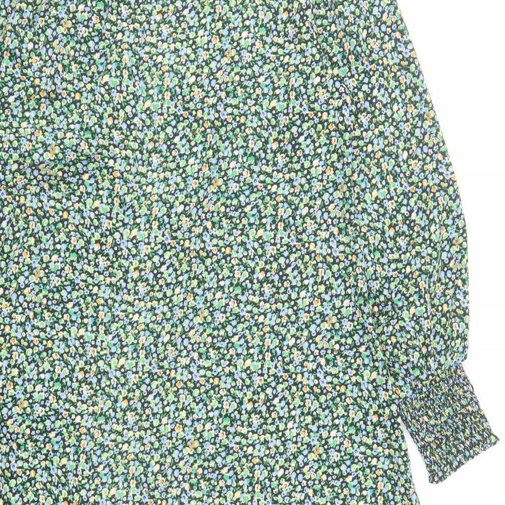New Look Womens Green Floral Polyester A-Line Size 12 Mock Neck Button