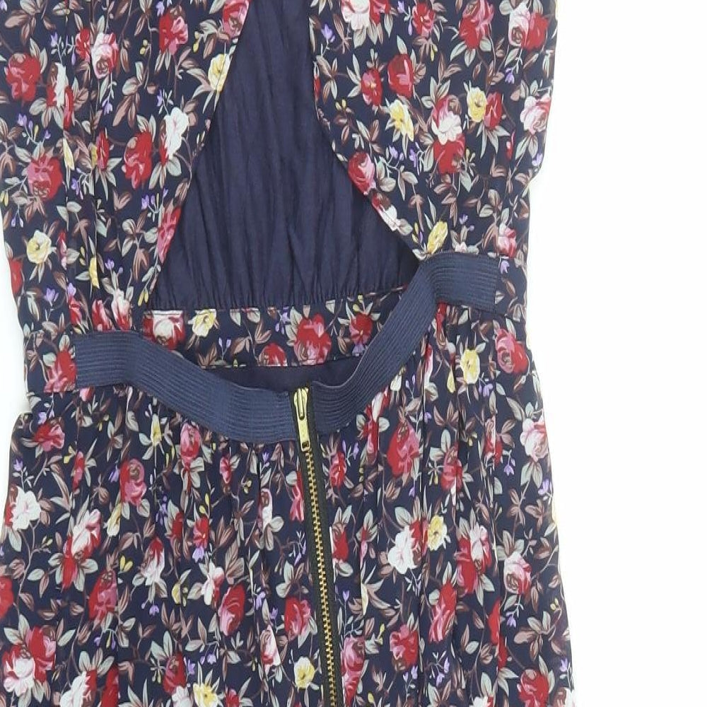 Warehouse Womens Blue Floral Polyester A-Line Size 10 Round Neck Zip - Open Back Detail