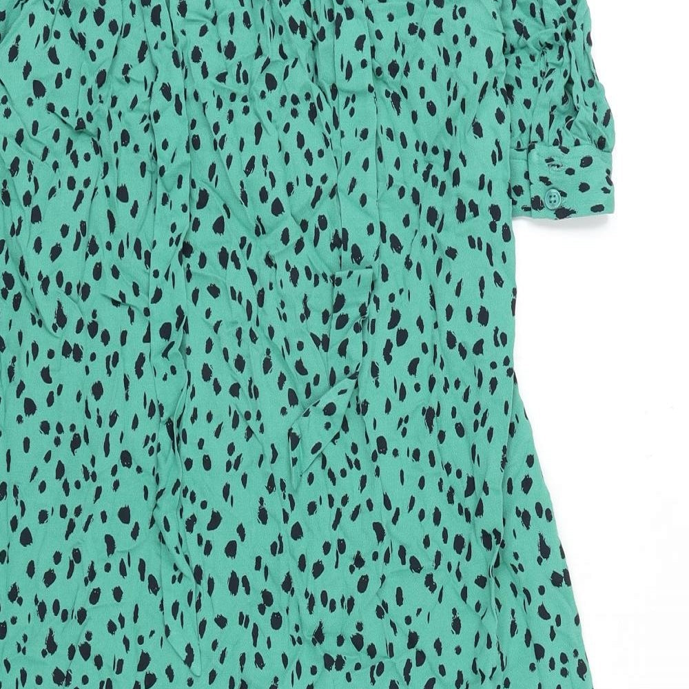 Marks & Spencer Womens Green Geometric Viscose A-Line Size 8 Round Neck Button - Tie Detail