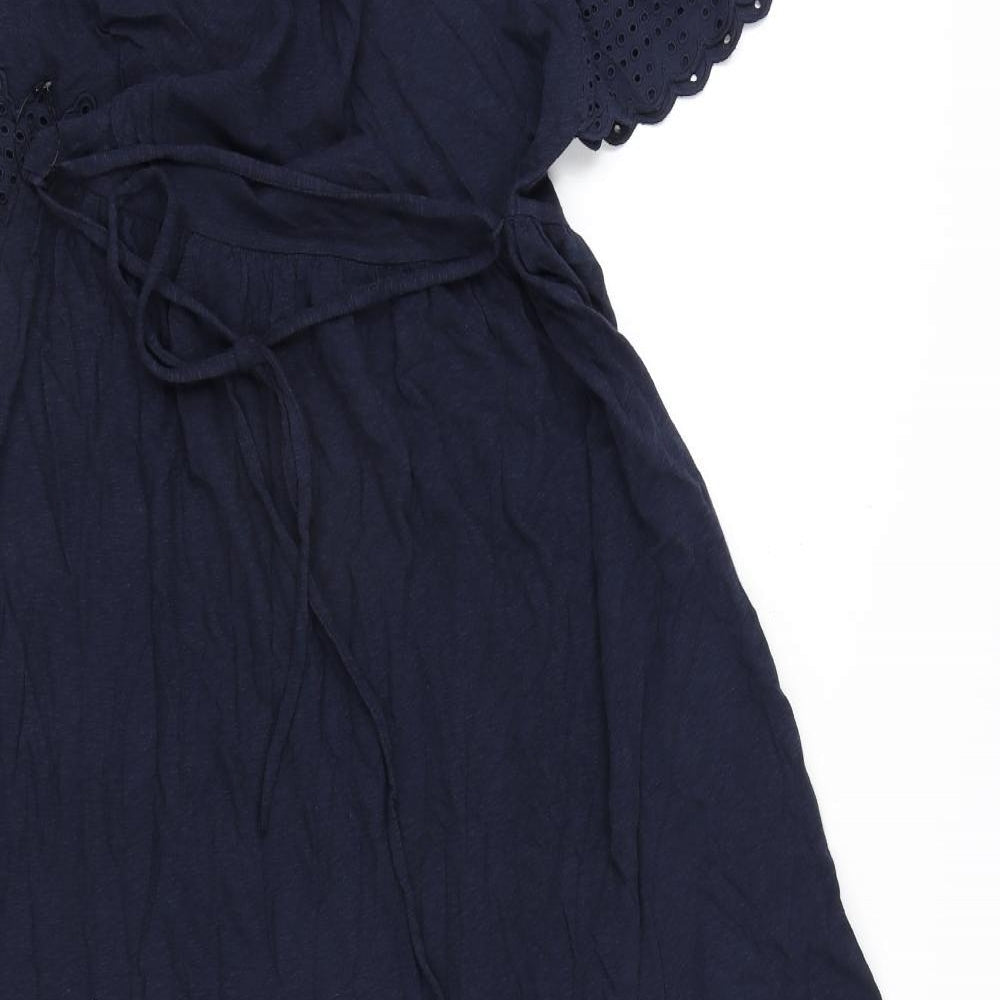 Marks & Spencer Womens Blue Cotton A-Line Size 6 Round Neck Button - Embroidery