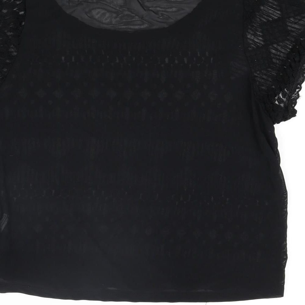 Sparkle & Fade Womens Black Cotton Basic Blouse Size S Round Neck - Lace Front Semi Sheer