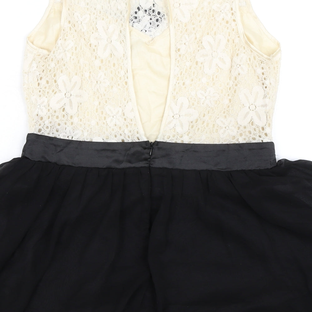 Izabel London Womens Black Cotton A-Line Size 12 Boat Neck Button - Lace Detail