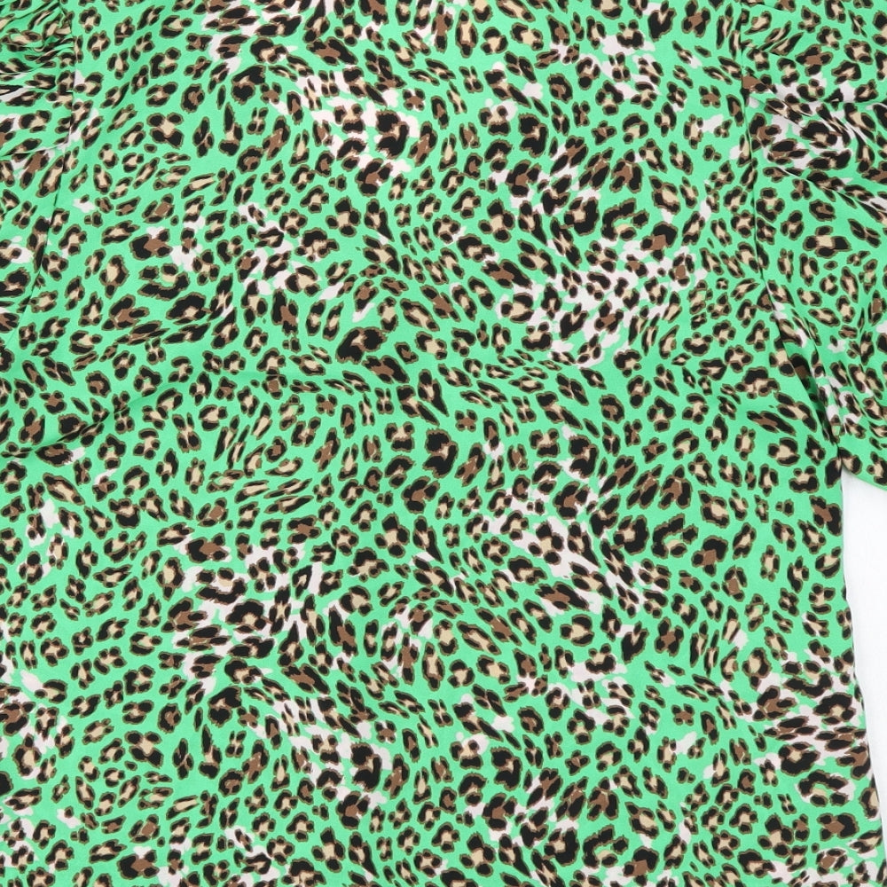 Marks & Spencer Womens Green Animal Print Polyester Basic Button-Up Size 6 V-Neck