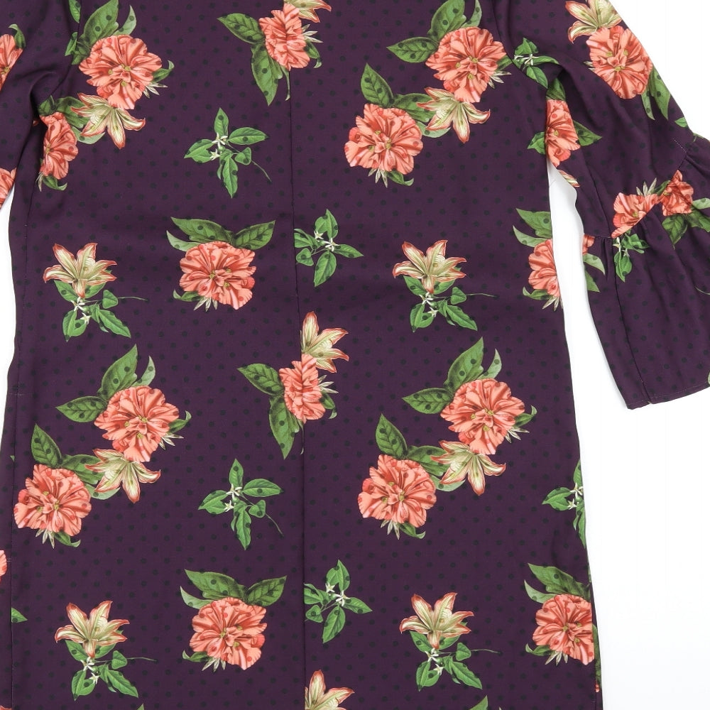 Marks & Spencer Womens Purple Floral Polyester A-Line Size 10 V-Neck Pullover