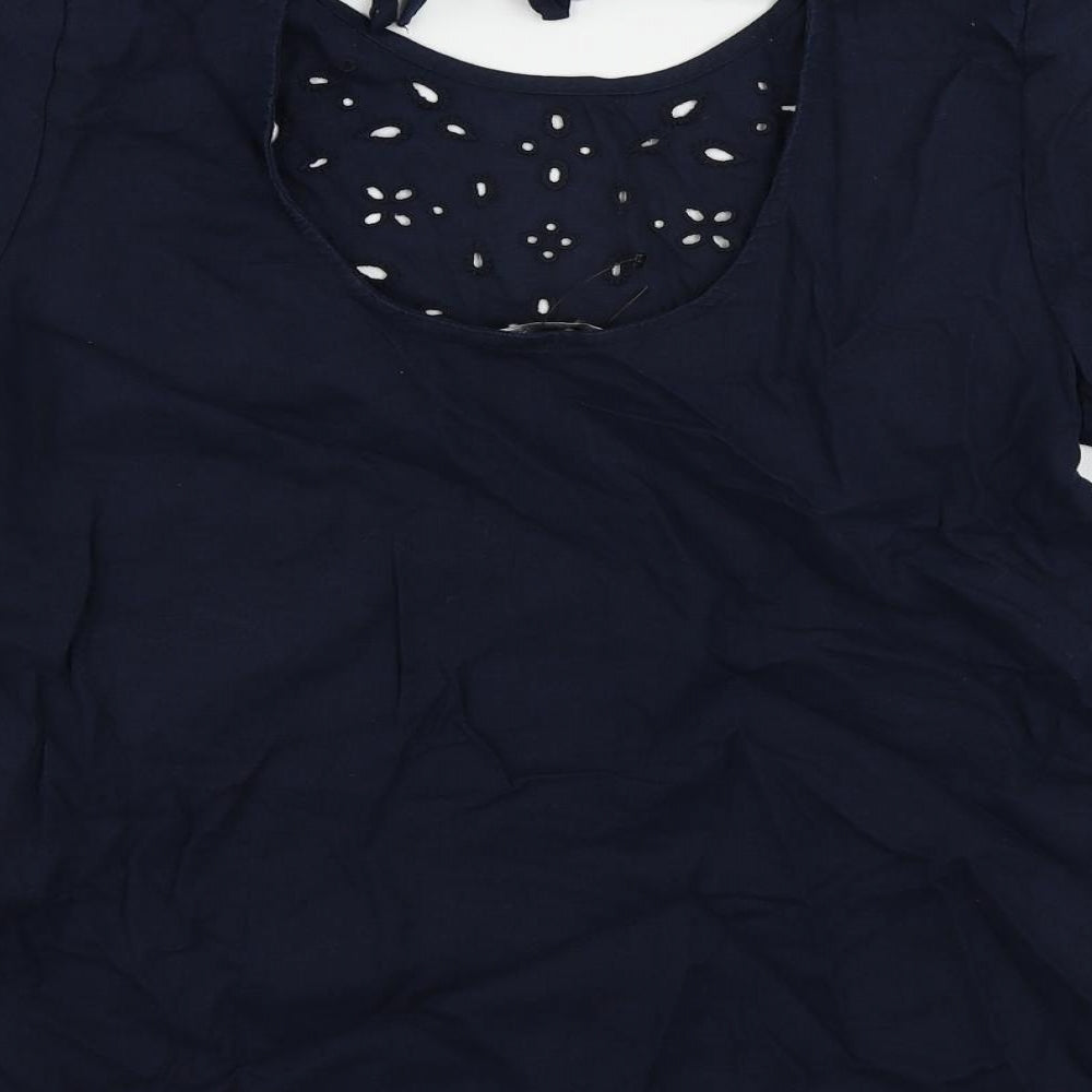 Marks & Spencer Womens Blue Linen Basic Blouse Size 8 Round Neck - Broderie Anglaise