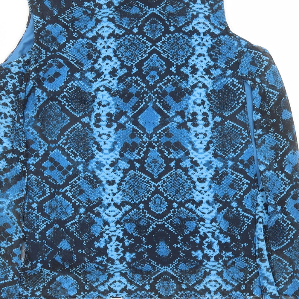Roman Womens Blue Animal Print Polyester Basic Blouse Size 12 Round Neck - Snake Skin Pattern Rhinestone Detail