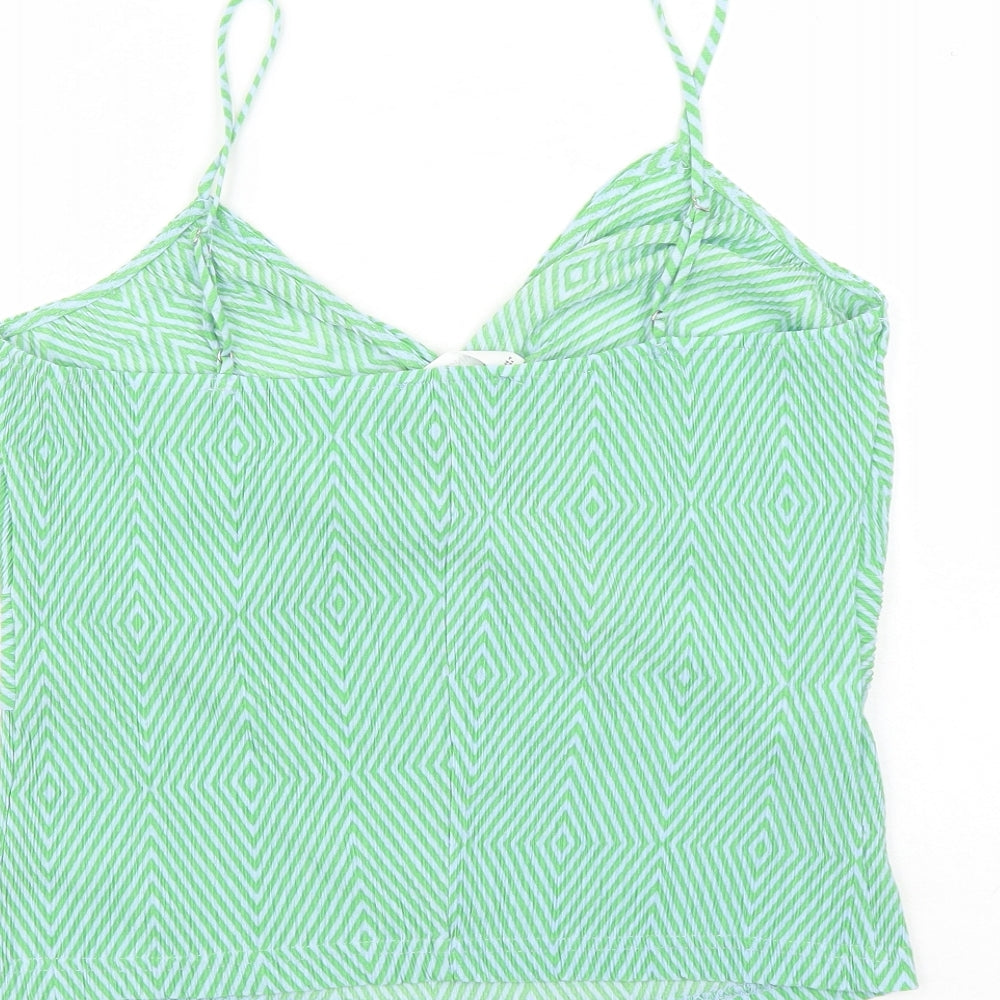 Mango Womens Green Geometric Polyester Camisole T-Shirt Size L V-Neck