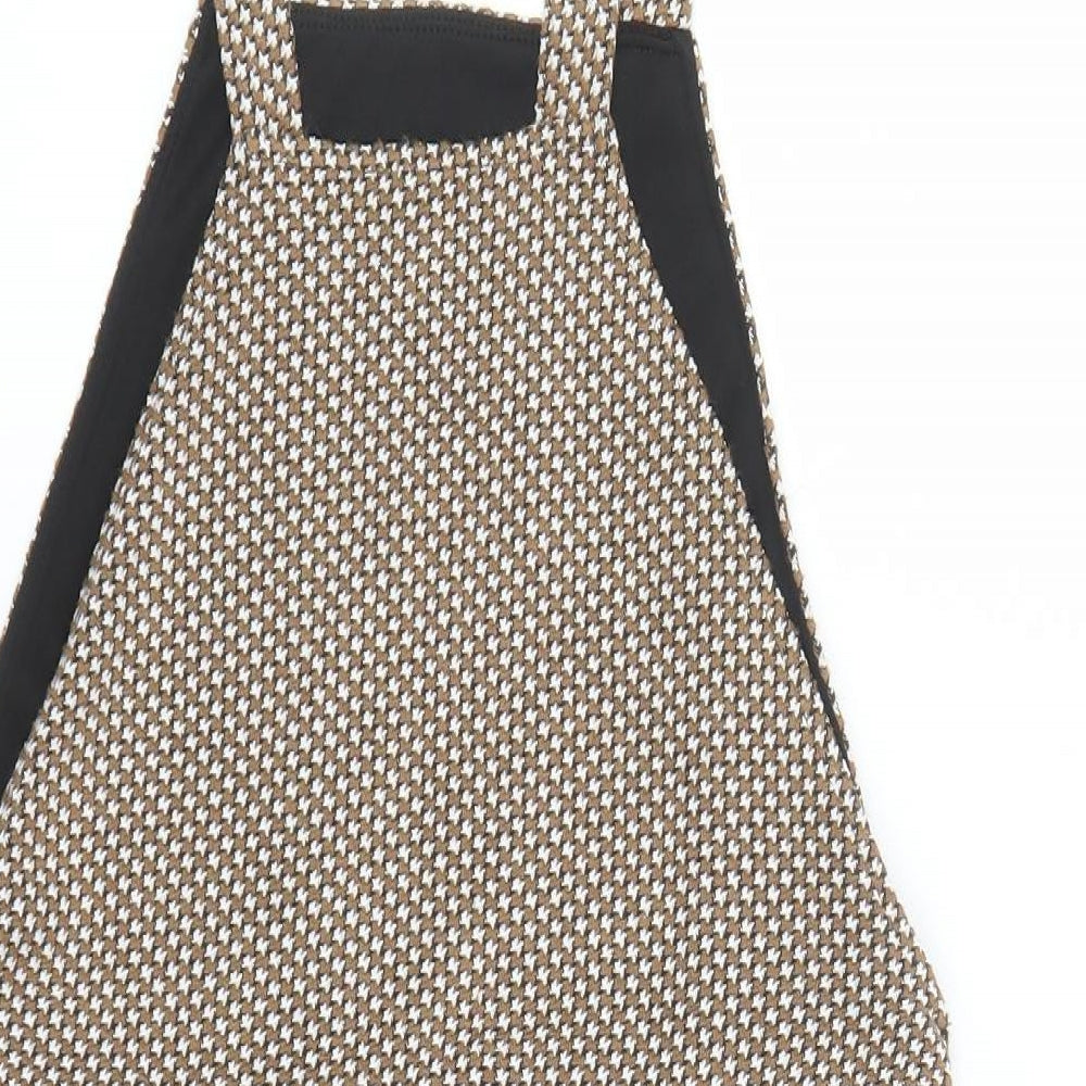New Look Womens Brown Geometric Polyester Pinafore/Dungaree Dress Size 8 Square Neck Pullover