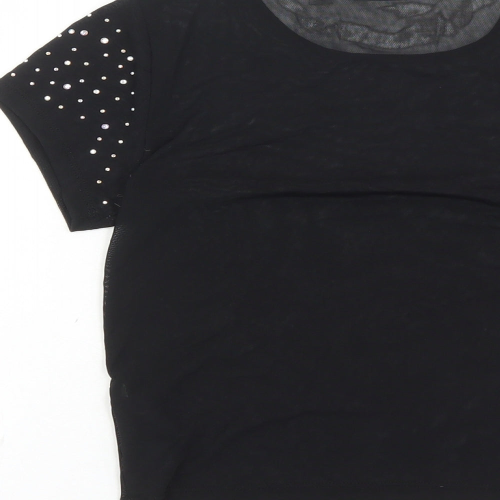 ASOS Womens Black Nylon Cropped T-Shirt Size 4 Round Neck - Rhinestone Detail