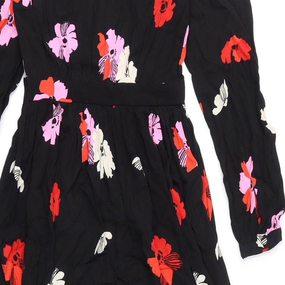 Marks & Spencer Womens Black Floral Viscose A-Line Size 6 V-Neck Zip