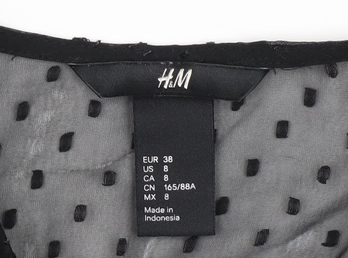 H&M Black Polka Dot Sheer Blouse, Size 10, V-Neck