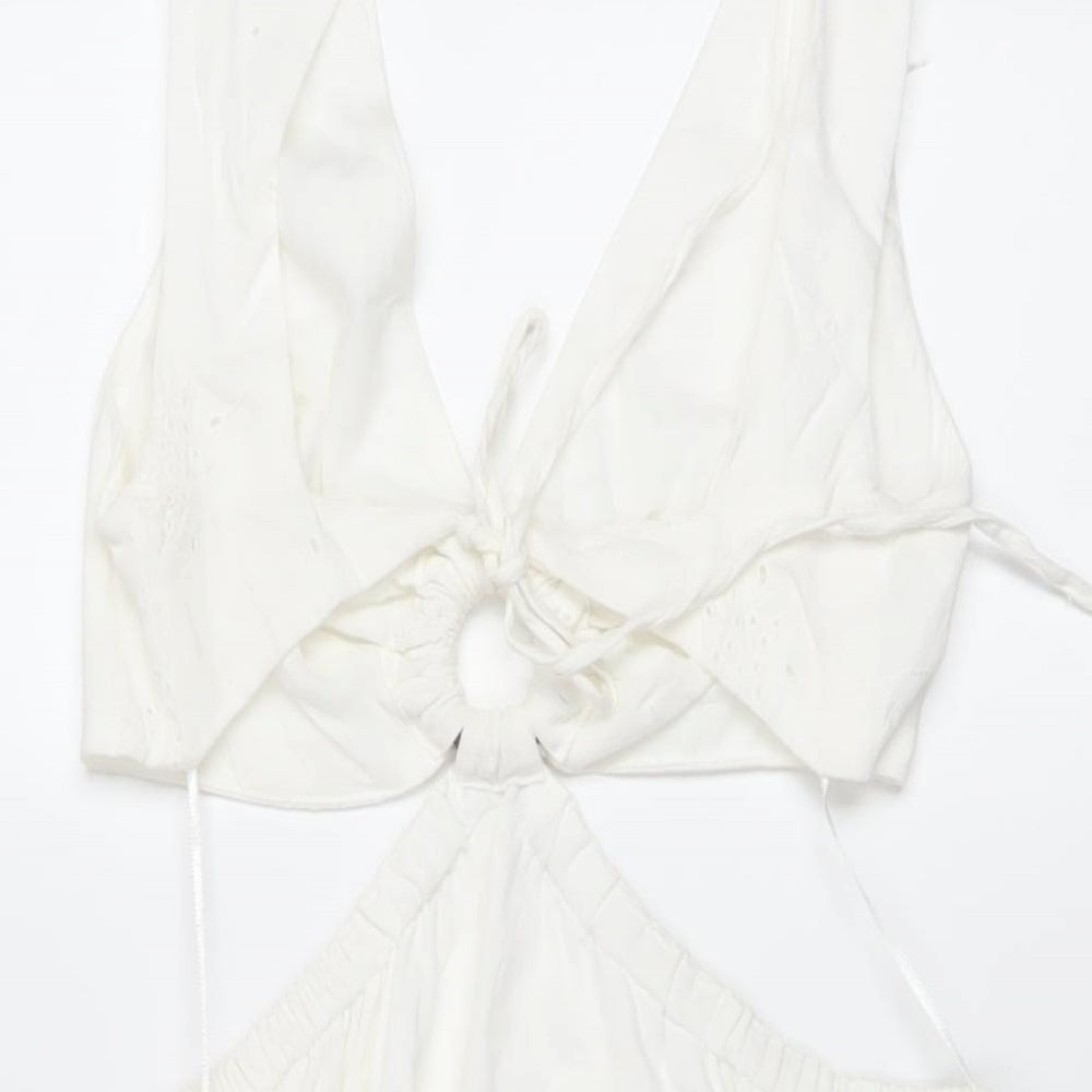 Bershka Womens Ivory Cotton A-Line Size M V-Neck Tie