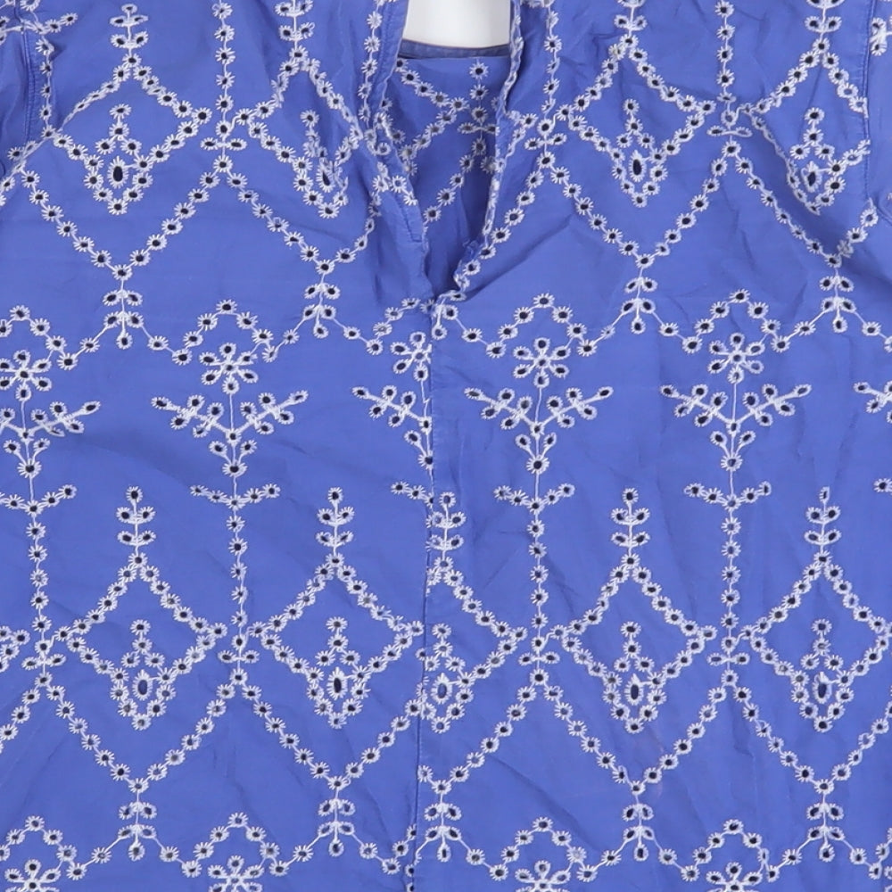 Warehouse Womens Blue Floral Cotton Basic Blouse Size 8 Round Neck