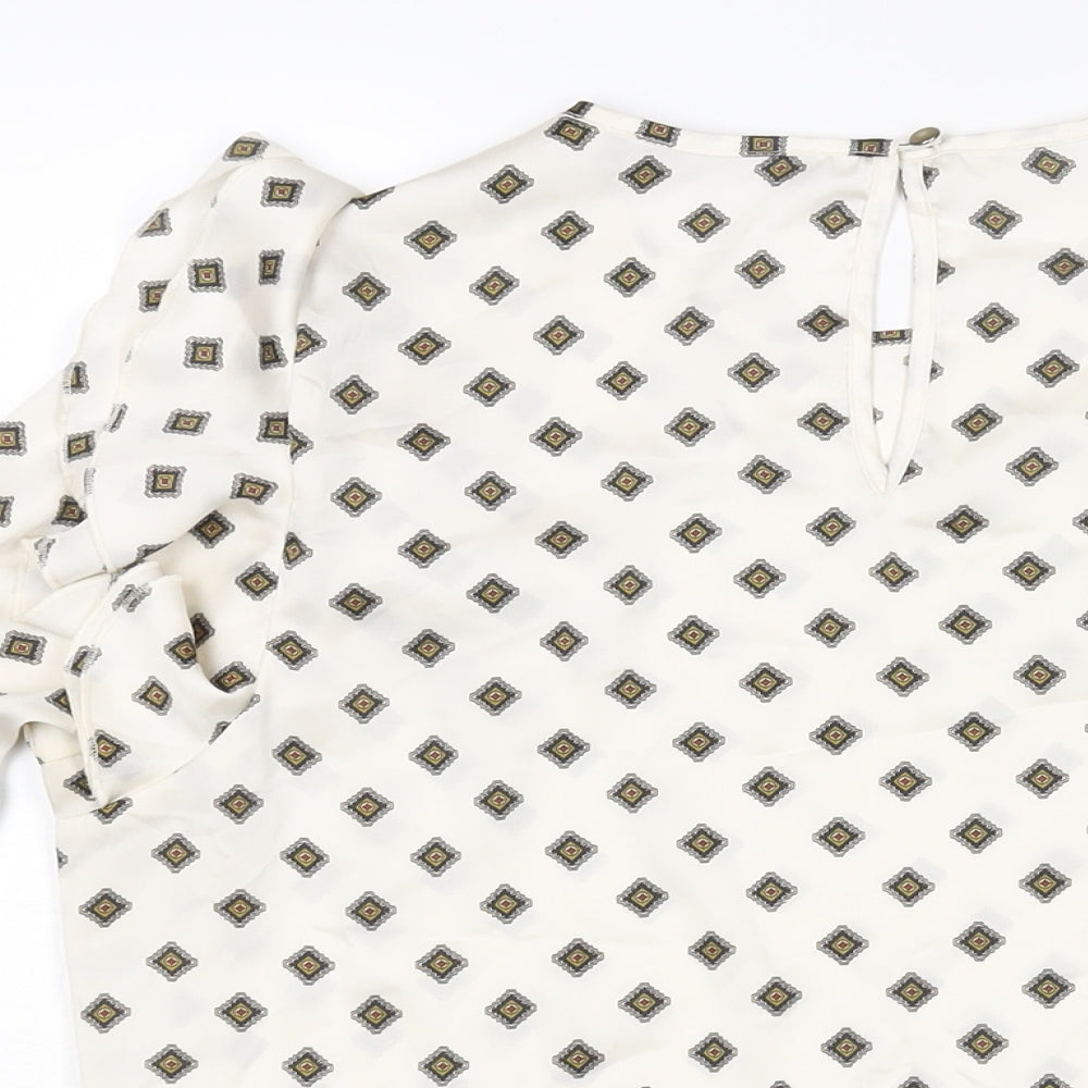 Marks & Spencer Womens Ivory Geometric Polyester Basic Blouse Size 10 Roll Neck - Frill Detail