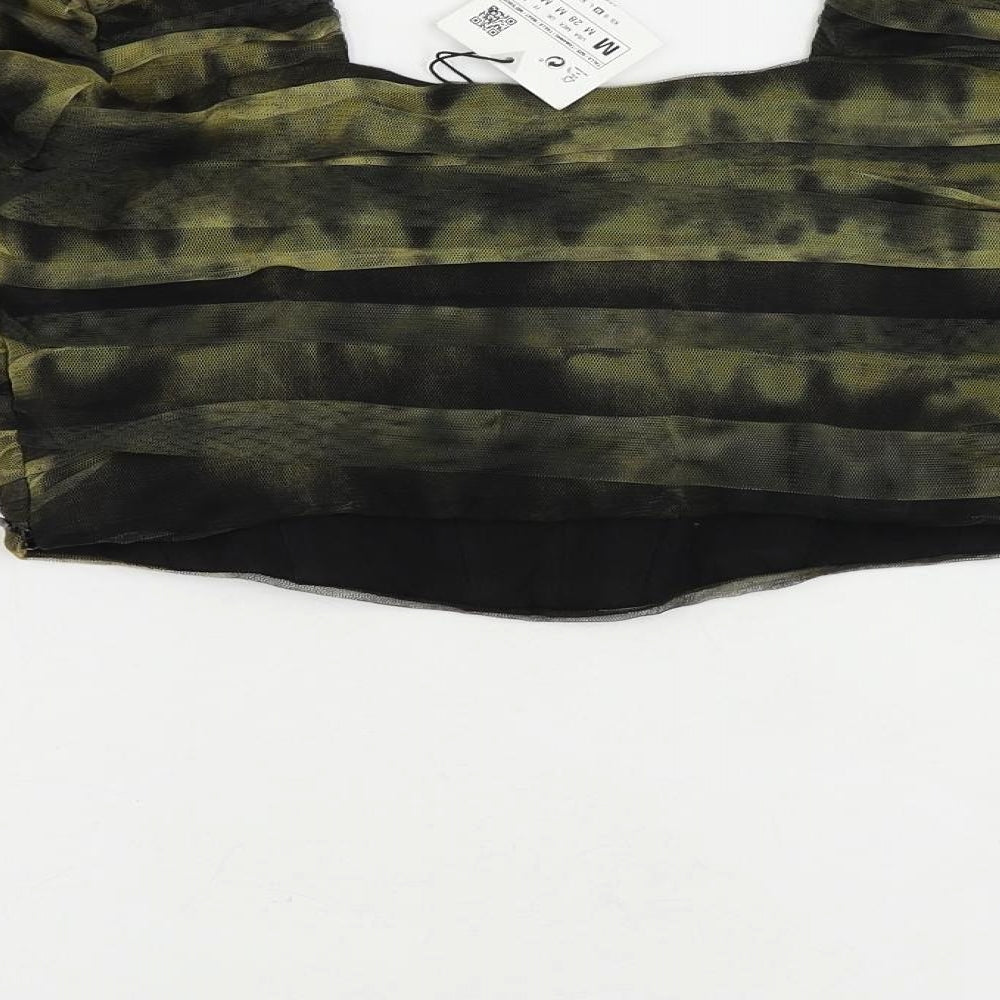 Zara Womens Green Polyester Cropped Blouse Size M Square Neck - Ruched