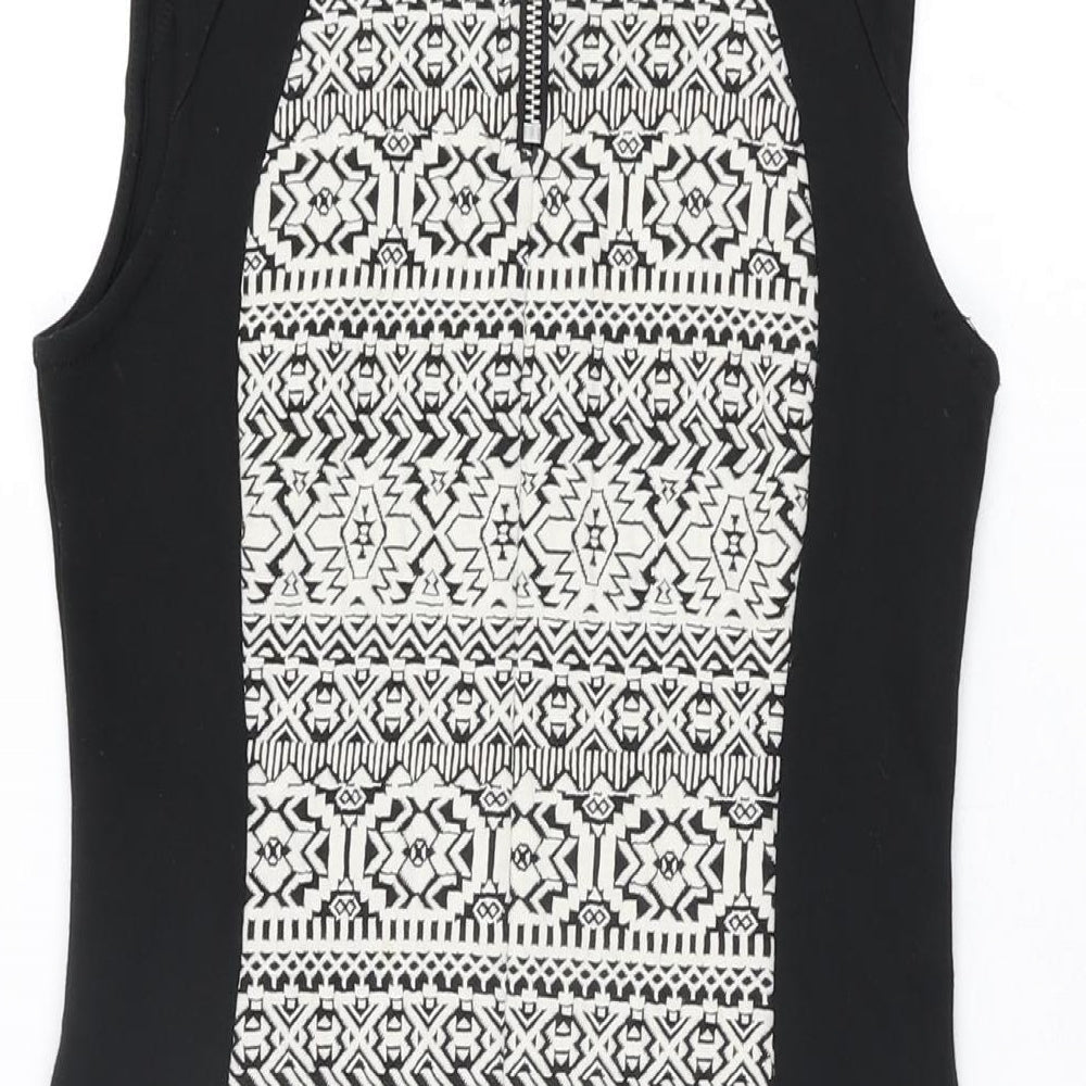 H&M Womens Black Geometric Polyester Bodycon Size 12 Round Neck Zip