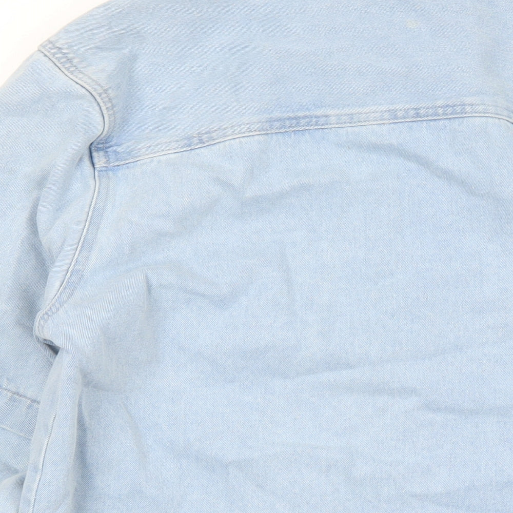Brand and care label for ASOS men’s blue jacket, size M, button
