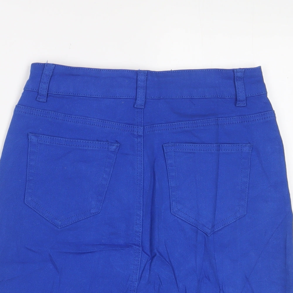 PRETTYLITTLETHING Womens Blue Cotton A-Line Skirt Size 6 Zip - Distressed, Pockets