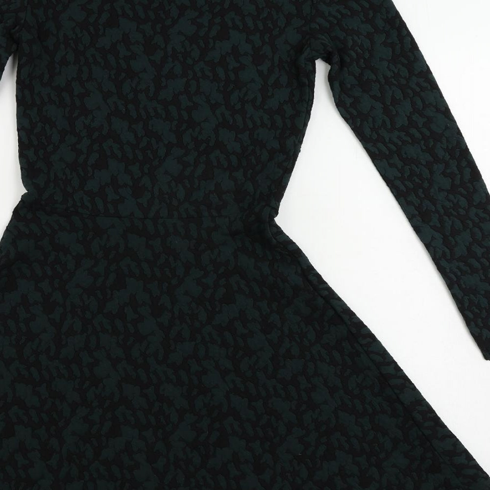 H&M Womens Green Geometric Polyester Skater Dress Size S Round Neck Pullover