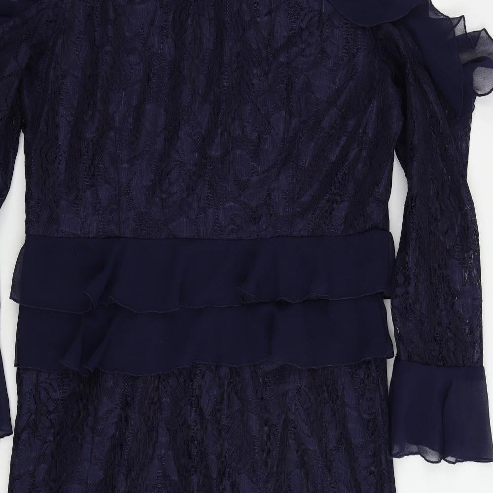 Very Womens Blue Floral Polyester A-Line Size 16 V-Neck Zip - Ruffle