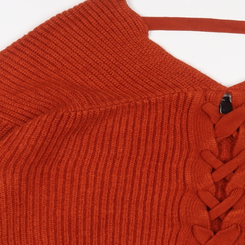 New Look Womens Orange V-Neck Acrylic Pullover Jumper Size S