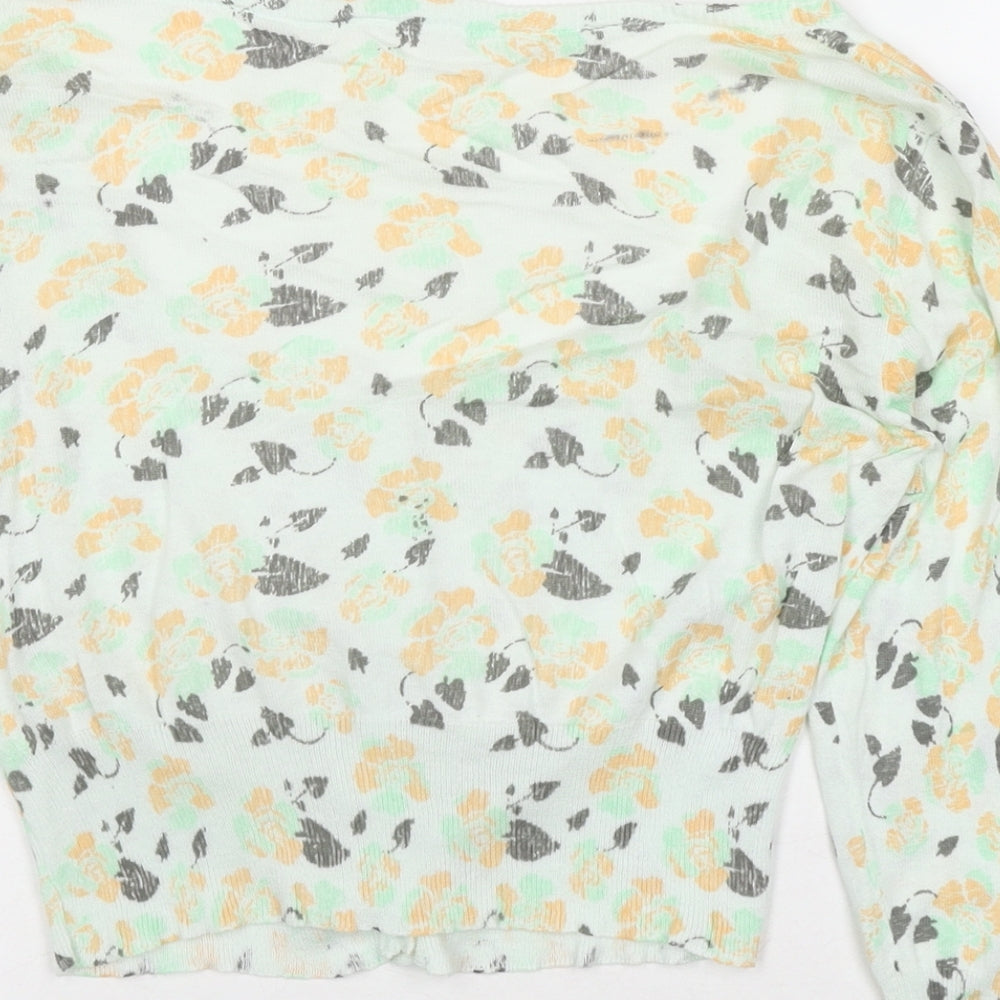 ICHI Womens Green Boat Neck Floral Cotton Cardigan Jumper Size 8