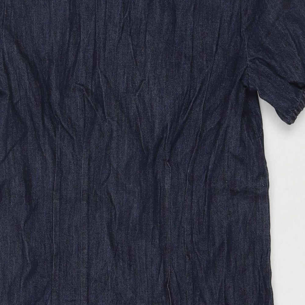 Warehouse Womens Blue Cotton Shirt Dress Size 10 V-Neck Button