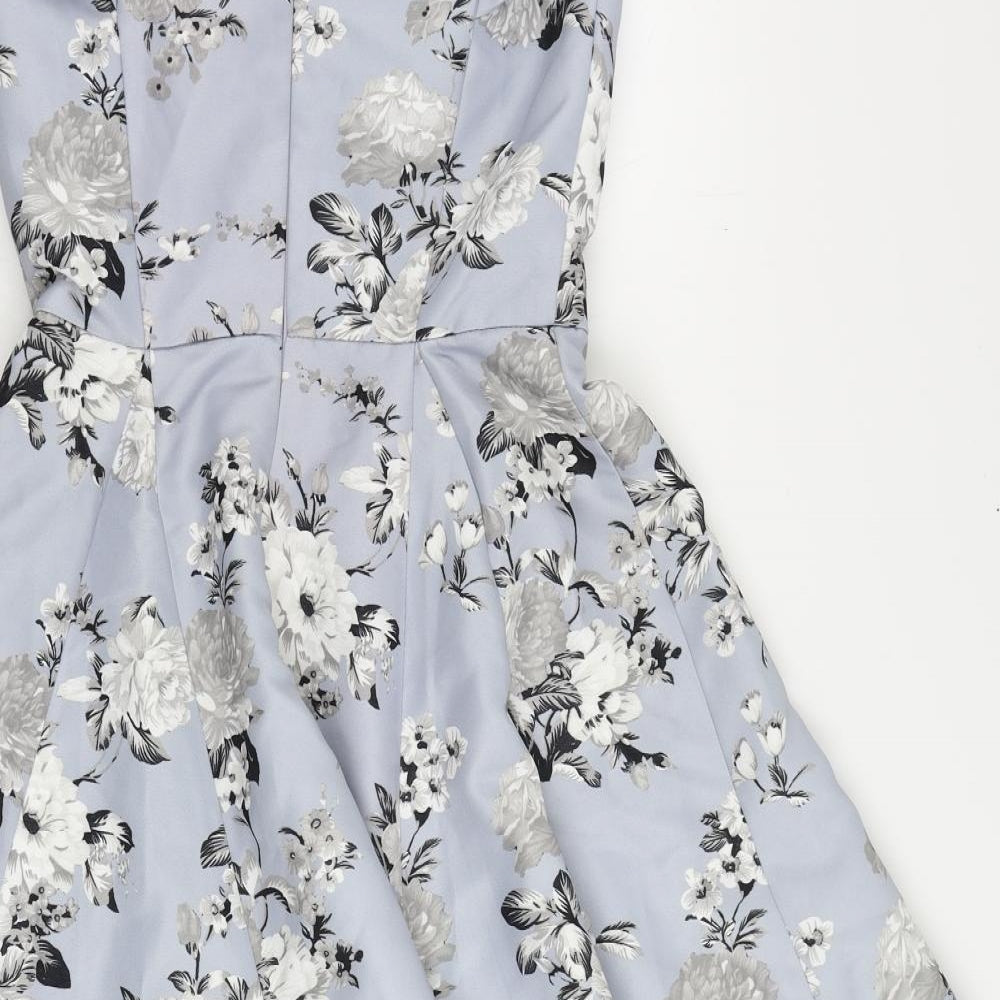 CHI CHI LONDON Womens Blue Floral Polyester Fit & Flare Size 8 V-Neck Zip