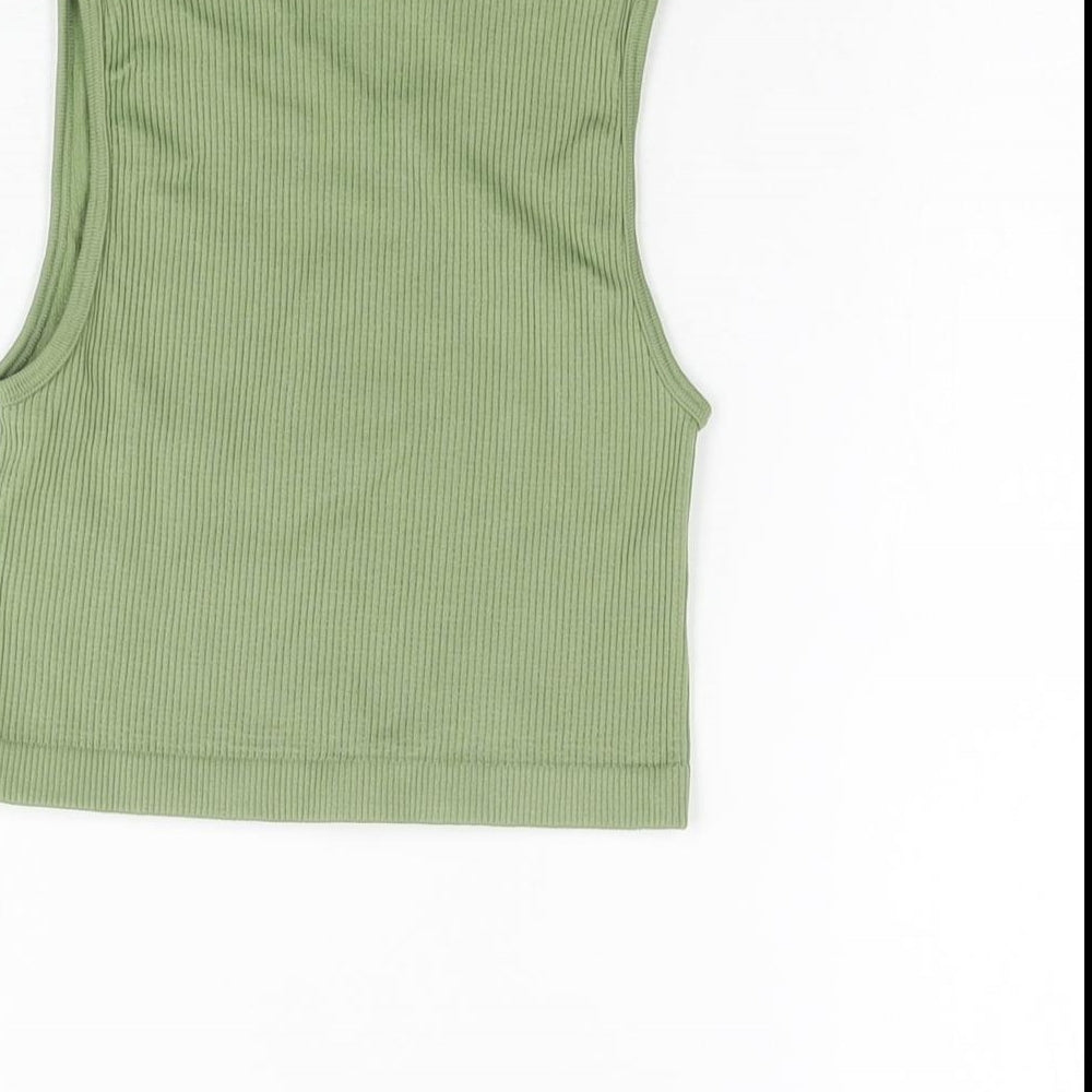 PRETTYLITTLETHING Womens Green Polyester Cropped T-Shirt Size XS Round Neck