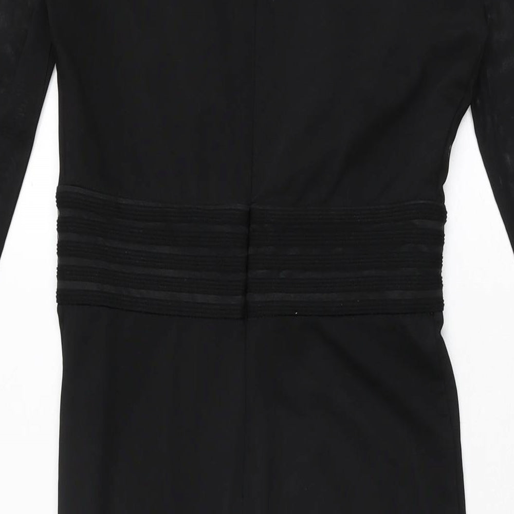 Brand and care label for Missguided women’s black polyester bodycon, size UK 6, v-neck zip