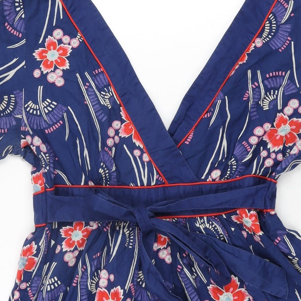 Oasis Womens Blue Floral Cotton Basic Blouse Size 12 V-Neck