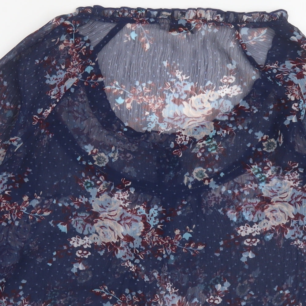 Indigo Womens Blue Floral Polyester Basic Blouse Size 10 Round Neck