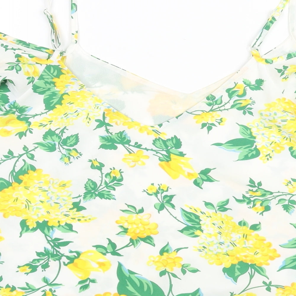 Oasis Womens Yellow Floral Polyester Basic Blouse Size 8 V-Neck - Cold Shoulder