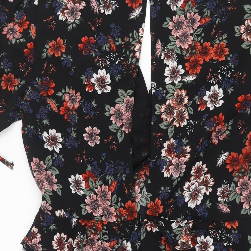 New Look Womens Black Floral Polyester A-Line Size 10 V-Neck Zip - Lace Trim Frill Bow