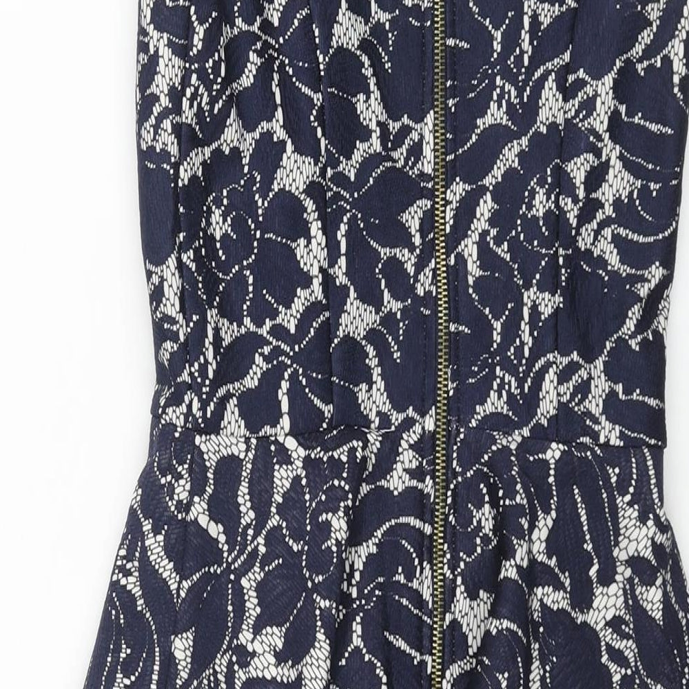 Warehouse Womens Blue Floral Polyester Pencil Dress Size 6 Round Neck Zip - Peplum
