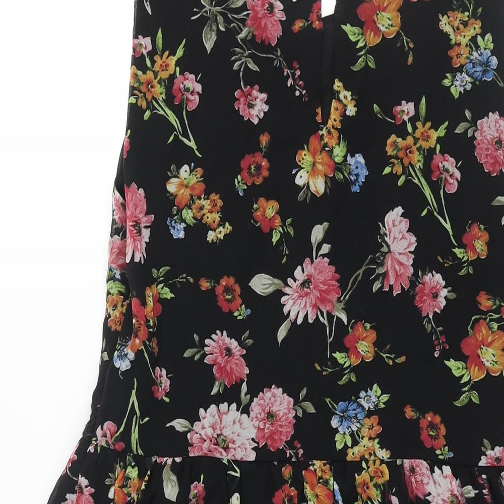 Zara Womens Black Floral Polyester A-Line Size M Collared Zip