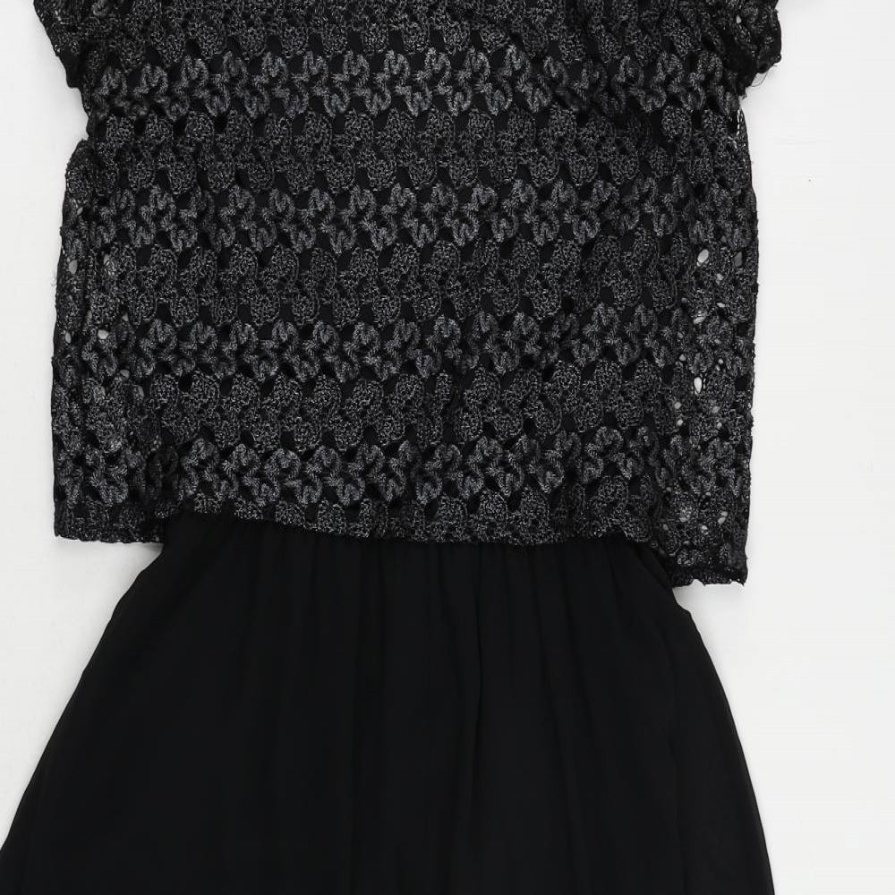 River Island Womens Black Polyester Fit & Flare Size 8 Round Neck Button - Lace Overlay