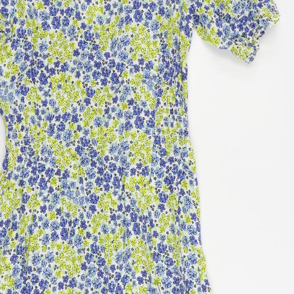 New Look Womens Blue Floral Viscose A-Line Size 6 V-Neck Button