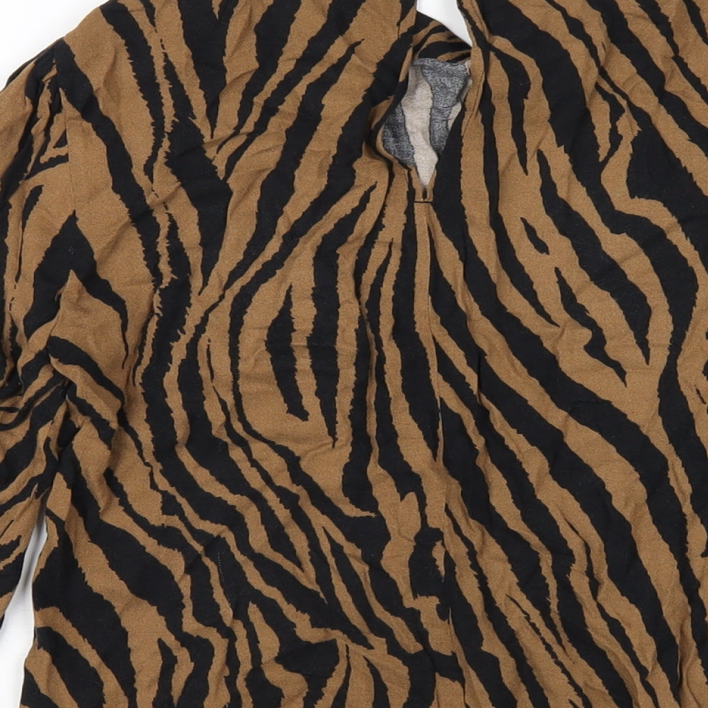 Warehouse Womens Brown Animal Print Viscose Basic T-Shirt Size 8 Mock Neck